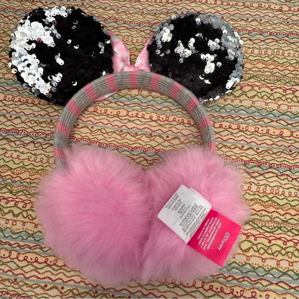 Girls Minnie Mouse Earmuffs Pink and Black Sequin